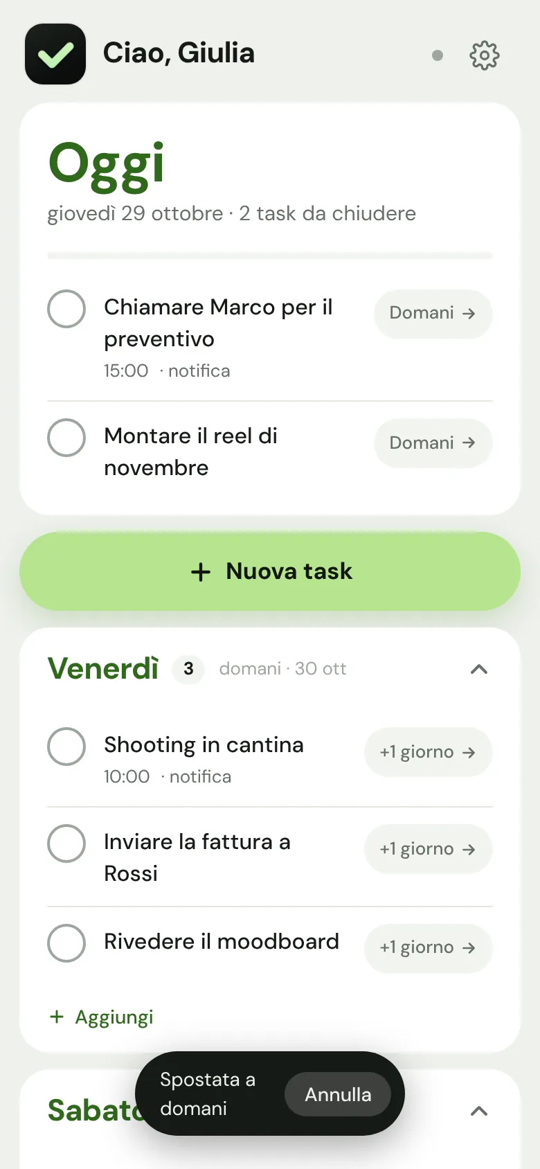 Una task spostata a domani, con il pulsante Annulla.