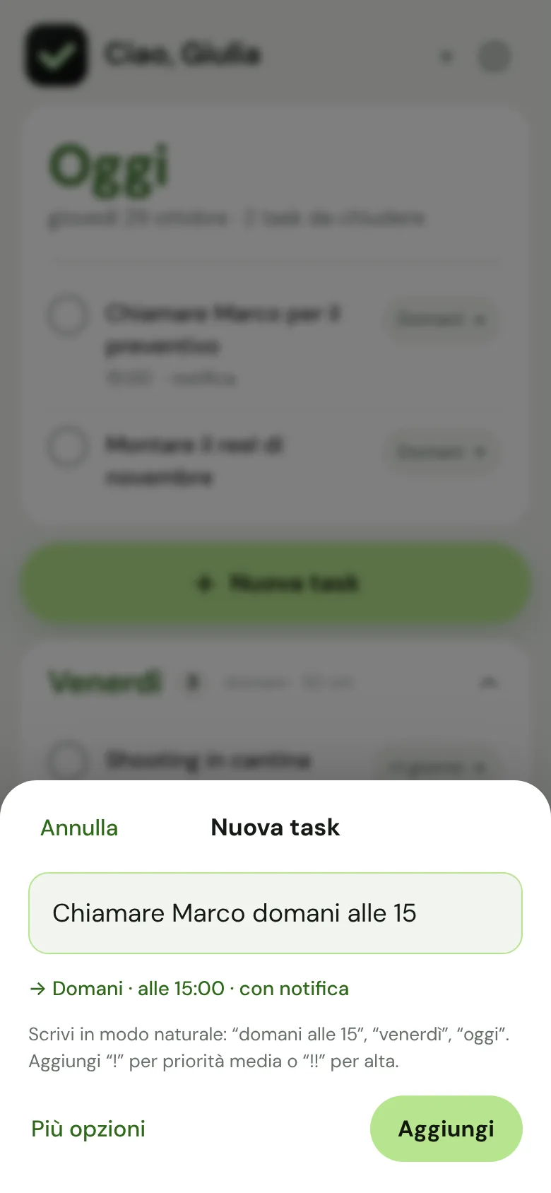 Una nuova task scritta in italiano: il giorno e l'ora vengono riconosciuti mentre scrivi.